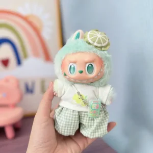 Handmade Green Lemon Set for Labubu Doll - 17cm Doll in Fruit-Themed Outfit with Lemon Shaped Phone Charm