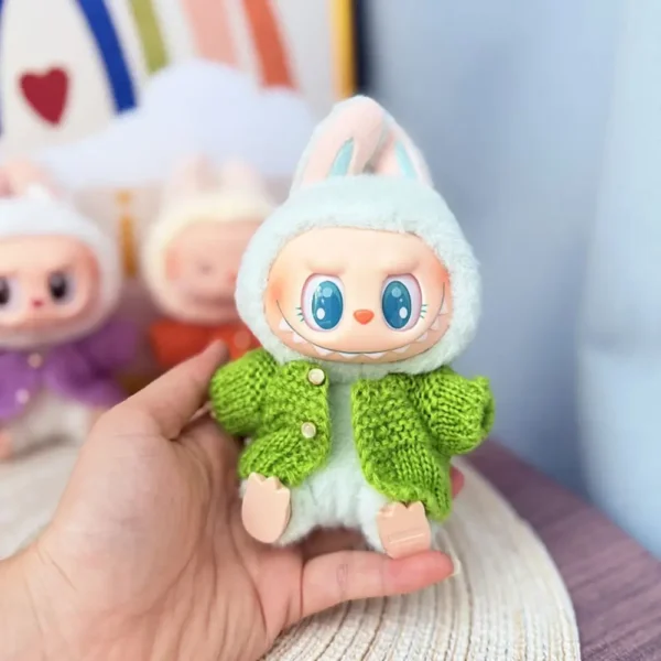 17cm Labubu Doll in Handmade Green Sweater - Cute Outfit with Elastic Collar & Heart Patches