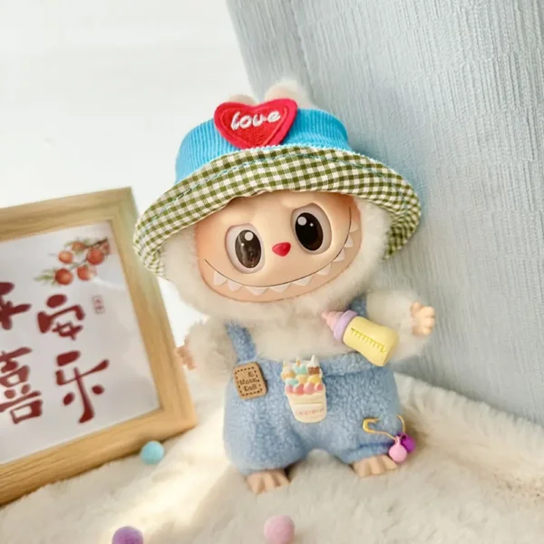 Handmade Cute Heart Sweater Set for Labubu Doll - Blue Knit Sweater with 3D Heart Patches & Matching Beanie
