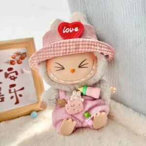 Handmade Cute Heart Sweater Set for Labubu Doll - Pink Knit Sweater with Glitter Heart Print & Bowknot Hat