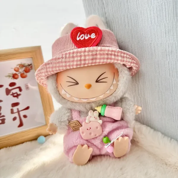 Handmade Cute Heart Sweater Set for Labubu Doll - Pink Knit Sweater with Glitter Heart Print & Bowknot Hat