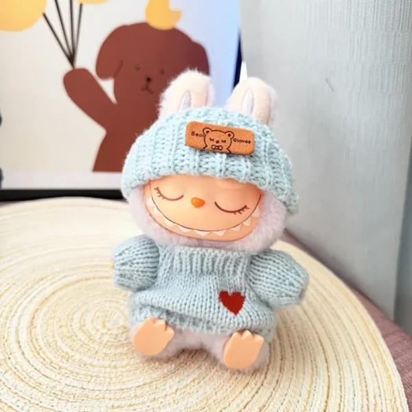 Handmade Cute Heart Sweater Set for Labubu Doll - Sky Blue Knit Sweater with Puffy Heart Applique & Pom-pom Hat