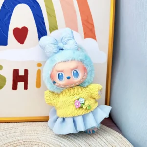 Handmade Cute Jelly Tulle Skirt Set for Labubu Doll - Blue Outfit with Layered Tulle Skirt & Bowknot Hair Accessory