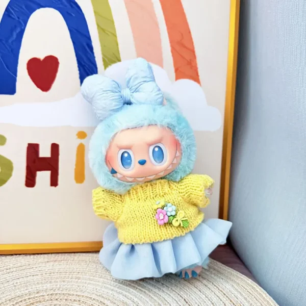 Handmade Cute Jelly Tulle Skirt Set for Labubu Doll - Blue Outfit with Layered Tulle Skirt & Bowknot Hair Accessory