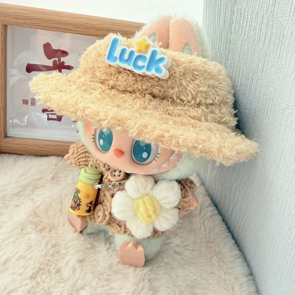 Cute Labubu Doll Wearing Khaki Fluffy Hat - Adorable Plush Hat Accessory | Labubu Doll Clothing & Accessories