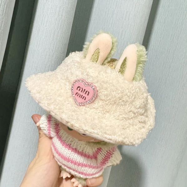Cute Labubu Doll Wearing Pink Fluffy Hat with Heart Decor - Adorable Plush Hat Accessory | Labubu Doll Clothing & Accessories