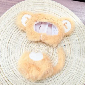 Handmade Monkey Adventure Suit for Labubu Doll - Flatlay of Headpiece & Clothing with Banana Patches