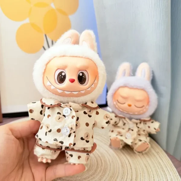 Handmade Cute Pajama Set for Labubu Doll - Front Closeup of Cartoon Character Embroidery & Button Details