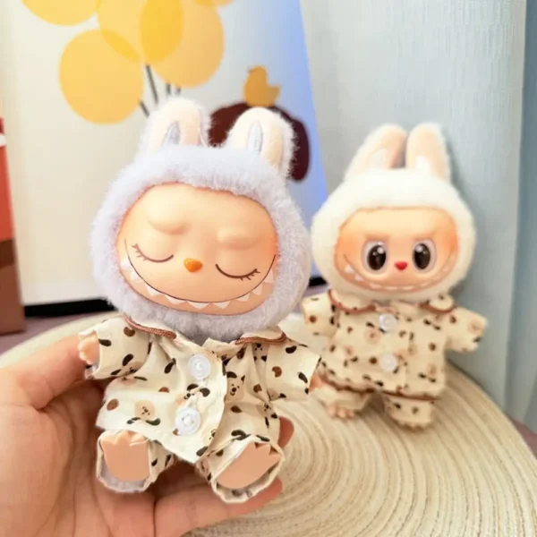 Handmade Cute Pajama Set for Labubu Doll - Front Angle View with Contrast Color Cuffs & Hem Details