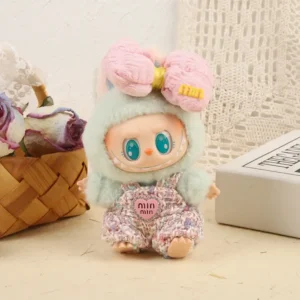 Handmade Pink Chic Style Set for Labubu Doll - Front View with Ruffled Top, High-waist Skirt & Bowknot Hat