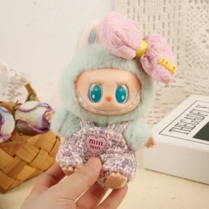 Handmade Pink Chic Style Set for Labubu Doll - Lifestyle Shot with Hat, Outfit & Matching Accessory in Pink