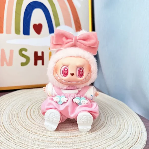 Handmade Cute Pink Heart Set for Labubu Doll - Sitting Pose with Heart-shaped Buttons & Elastic Waist Pants
