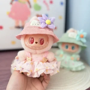 Handmade Pink Heart-Shaped Skirt for Labubu Doll - Soft Fabric Skirt with Heart Patches & Matching Pink Hat