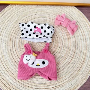 Handmade Pink Jumpsuit for Labubu Doll - Flatlay with Jumpsuit, Shirt, Bow & Soft Fabric Texture