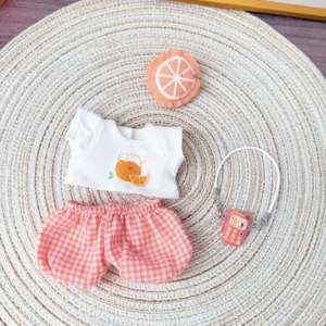 Handmade Pink Lemon Set for Labubu Doll - Flatlay of Top, Pants, Hair Accessory & Phone Charm