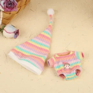 Handmade Pink Rainbow Onesie for Labubu Doll - Flatlay with Striped Onesie, Matching Hat & Soft Fabric