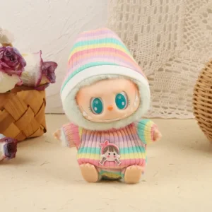 Handmade Colorful Pink Rainbow Onesie for Labubu Doll - Multicolor Striped Onesie with Matching Hat