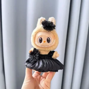 Handmade Cute Pleated Floral Gown for Labubu Doll - Black Tulle Dress with Contrast Floral Patches & Satin Ribbon Accents