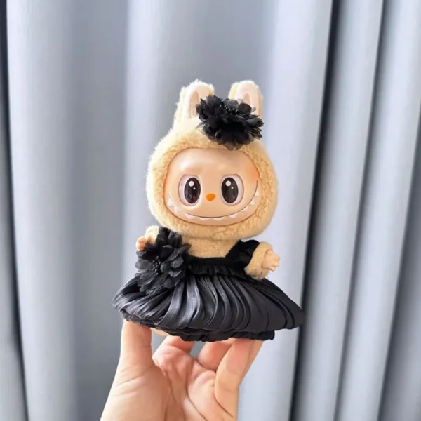 Handmade Cute Pleated Floral Gown for Labubu Doll - Black Tulle Dress with Contrast Floral Patches & Satin Ribbon Accents