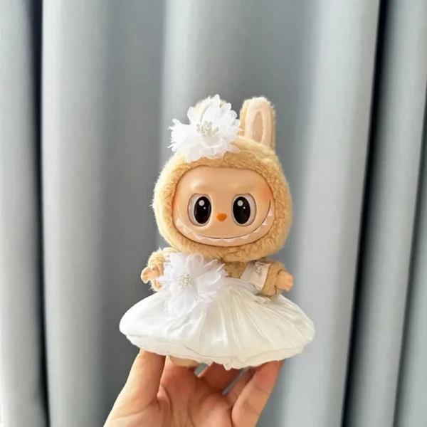 Handmade Cute Pleated Floral Gown for Labubu Doll - White Organza Dress with Delicate Floral Embroidery & Lace Trim