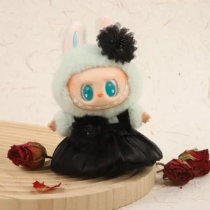 Handmade Cute Pleated Skirt Set for Labubu Doll - Black Pleated Skirt Outfit with Contrast White Bow on Doll