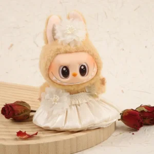 Handmade Cute Pleated Skirt Set for Labubu Doll - Khaki Pleated Skirt Outfit with Suede Bow Hair Accessory on Doll