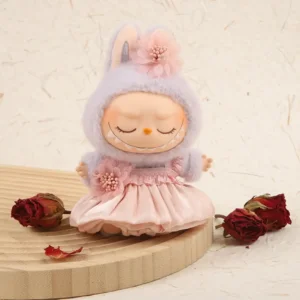 Handmade Cute Pleated Skirt Set for Labubu Doll - Pink Pleated Skirt Outfit with Ruffled Bow Hairband on Doll