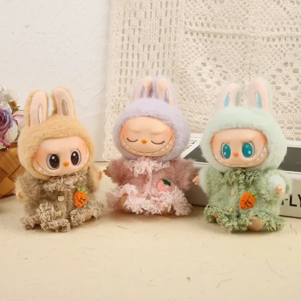 Handmade Fluffy Plush Skirts for Labubu Doll - Brown/Light Green/Pink Combo with Design Comparison