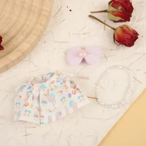 Handmade Rabbit Floral Dress for Labubu - Flatlay of Pastel Dress with Bunny Print & Bowknot Hem