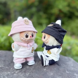 Handmade Cute Aristocratic School Uniform Set for Labubu Doll - Pink vs Dark Blue Color Comparison with Collar & Stripe Details