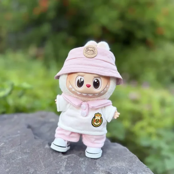 Handmade Cute Aristocratic School Uniform Set for Labubu Doll - Pink Outfit Front View with Plaid Skirt & Gold Button Blazer