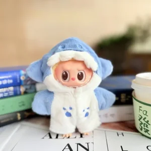Handmade Cute Shark Costume for Labubu Doll - Gray Outfit with Felt Fins & White Tooth Details