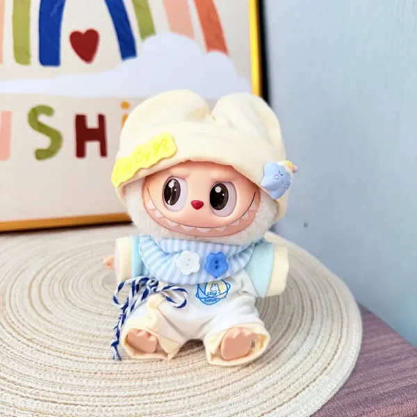 Handmade Sky Blue Baby Outfit for Labubu Doll - Knit Romper with Cloud Patches & Pom Pom Scarf