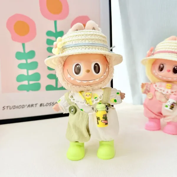 Handmade Cute Spring Set for Labubu Doll - Light Green Outfit with Floral Print Top, Matching Hat & Water Bottle Accessory