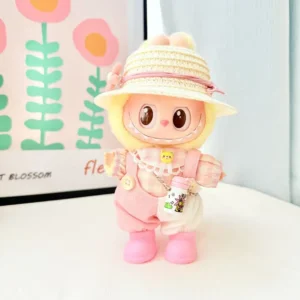 Handmade Cute Spring Set for Labubu Doll - Pink Outfit with Bowknot Detail, Pastel Shoes & Floral-patterned Water Bottle