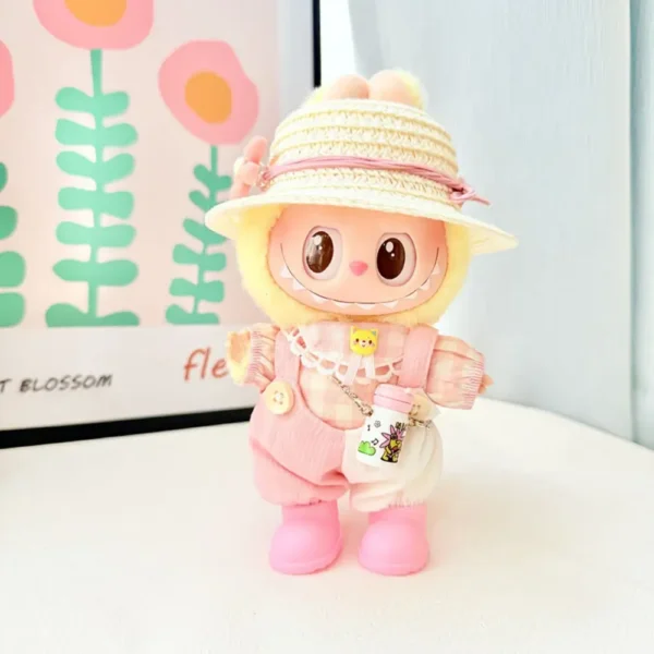 Handmade Cute Spring Set for Labubu Doll - Pink Outfit with Bowknot Detail, Pastel Shoes & Floral-patterned Water Bottle