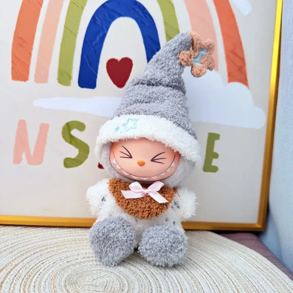 Handmade Star Hat Set for Labubu Doll - Front View with Star-print Top, Knit Hat & Shoe Covers