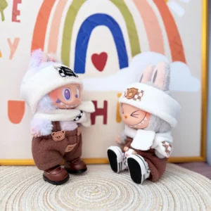 Handmade Style1 Brown Bear Hat & Paws for Labubu Doll - Close-up of Felt Ear Hat with Embroidery & Paw Prints