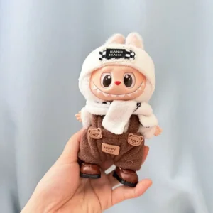 Handmade Style1 Brown Bear Costume for Labubu Doll - Brown Fleece Jumpsuit with Ear Hat & Paws Gloves