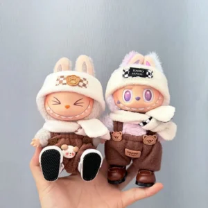 Handmade Style2 Brown Bear Tail & Scarf for Labubu Doll - Close-up of Knit Tail with Pom Poms & Plaid Scarf