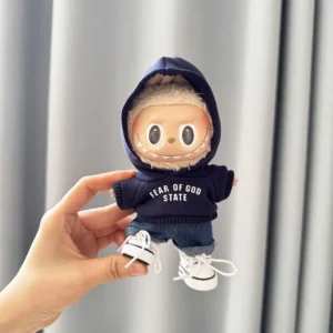 Handmade Fashionable Stylish Sweater Set for Labubu Doll - Dark Blue Knit Sweater with Contrast Cuff, Cargo Pants & Sneaker Details