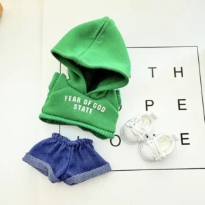 Handmade Stylish Sweater Set for Labubu Doll - Green Outfit Flatlay with Sweater, Pants, Shoes & Soft Knit Fabric Details