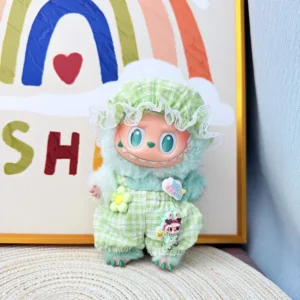 Handmade Cute Summer Cool Overalls Set for Labubu Doll - Green Jumpsuit with Floral Print Accents & Drawstring Hem