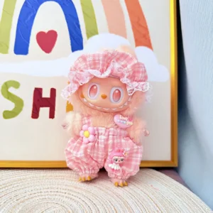 Handmade Cute Summer Cool Overalls Set for Labubu Doll - Pink Jumpsuit with Glitter Buttons & Ruffled Pocket Edges