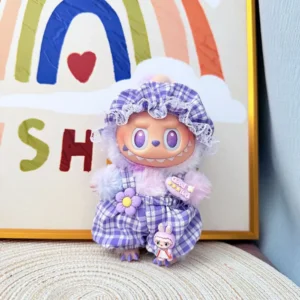 Handmade Cute Summer Cool Overalls Set for Labubu Doll - Purple Jumpsuit with Polka Dot Hat & Adjustable Cuffs