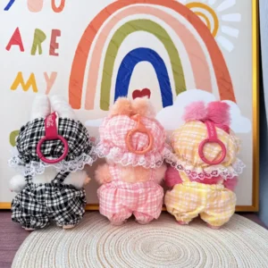 Handmade Cute Summer Cool Overalls Set for Labubu Doll - Tricolor Back View with Elastic Waist & Pocket Details