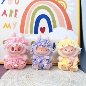 Handmade Cute Summer Cool Overalls Set for Labubu Doll - Tricolor Front View with Mesh Ventilation & Adjustable Straps