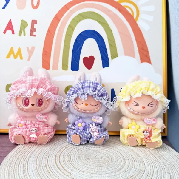 Handmade Cute Summer Cool Overalls Set for Labubu Doll - Tricolor Front View with Mesh Ventilation & Adjustable Straps