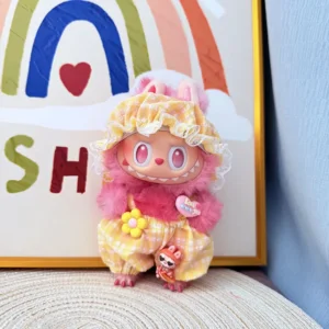 Handmade Cute Summer Cool Overalls Set for Labubu Doll - Yellow Jumpsuit with Sunflower Print & Mesh Panel Inserts