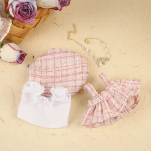 Handmade Chic Suspender Skirt Set for Labubu Doll - Pink Outfit Flatlay with Suspender Skirt, Lace Top & Accessory Details